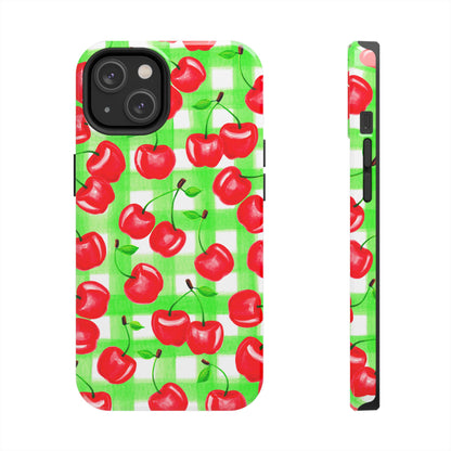 Red Tossed Cherries Green Gingham Watercolor Illustrated Tough Phone Case | Various Models Available
