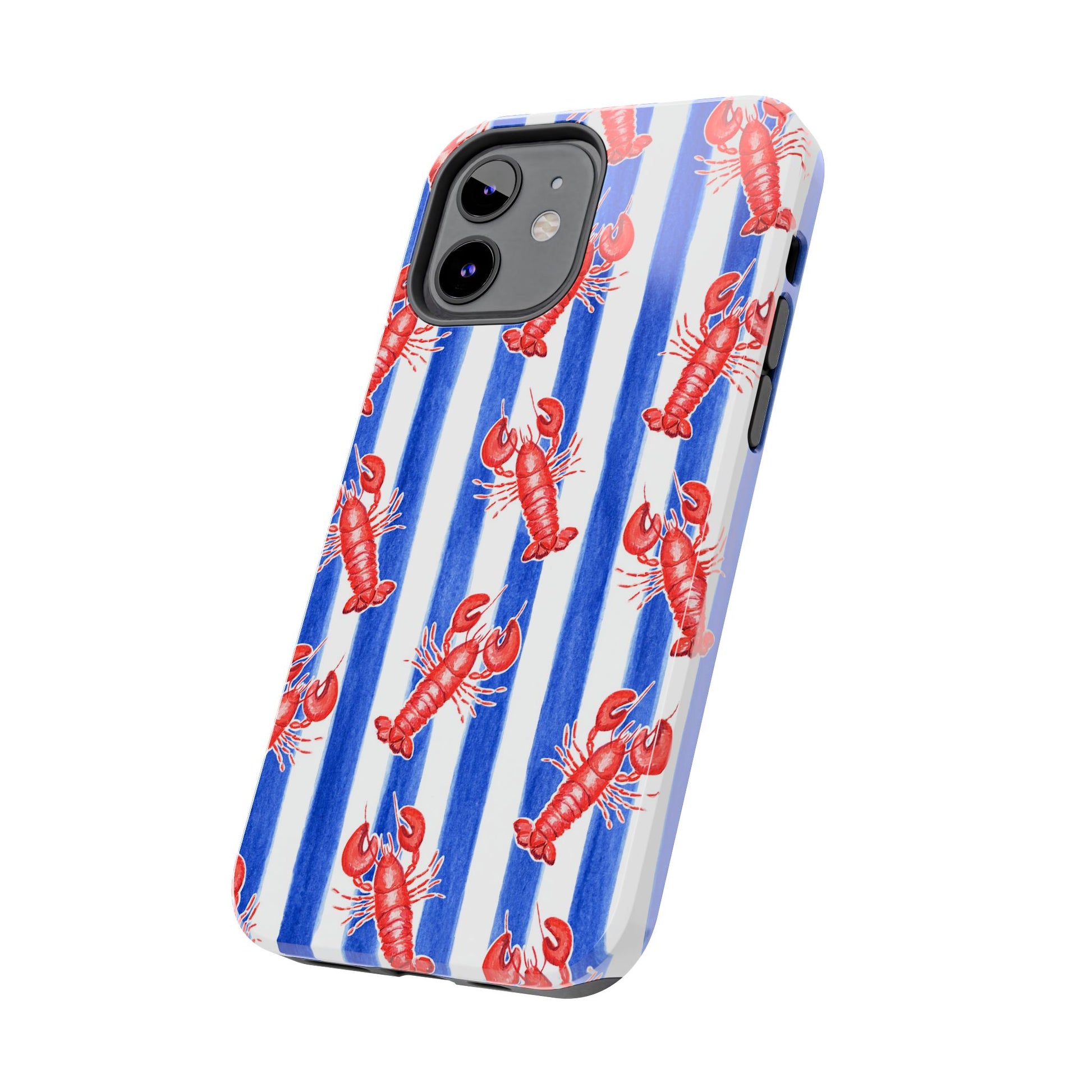 Blue & White Strip Red Lobster Watercolor Patterned Phone Case | Various Models
