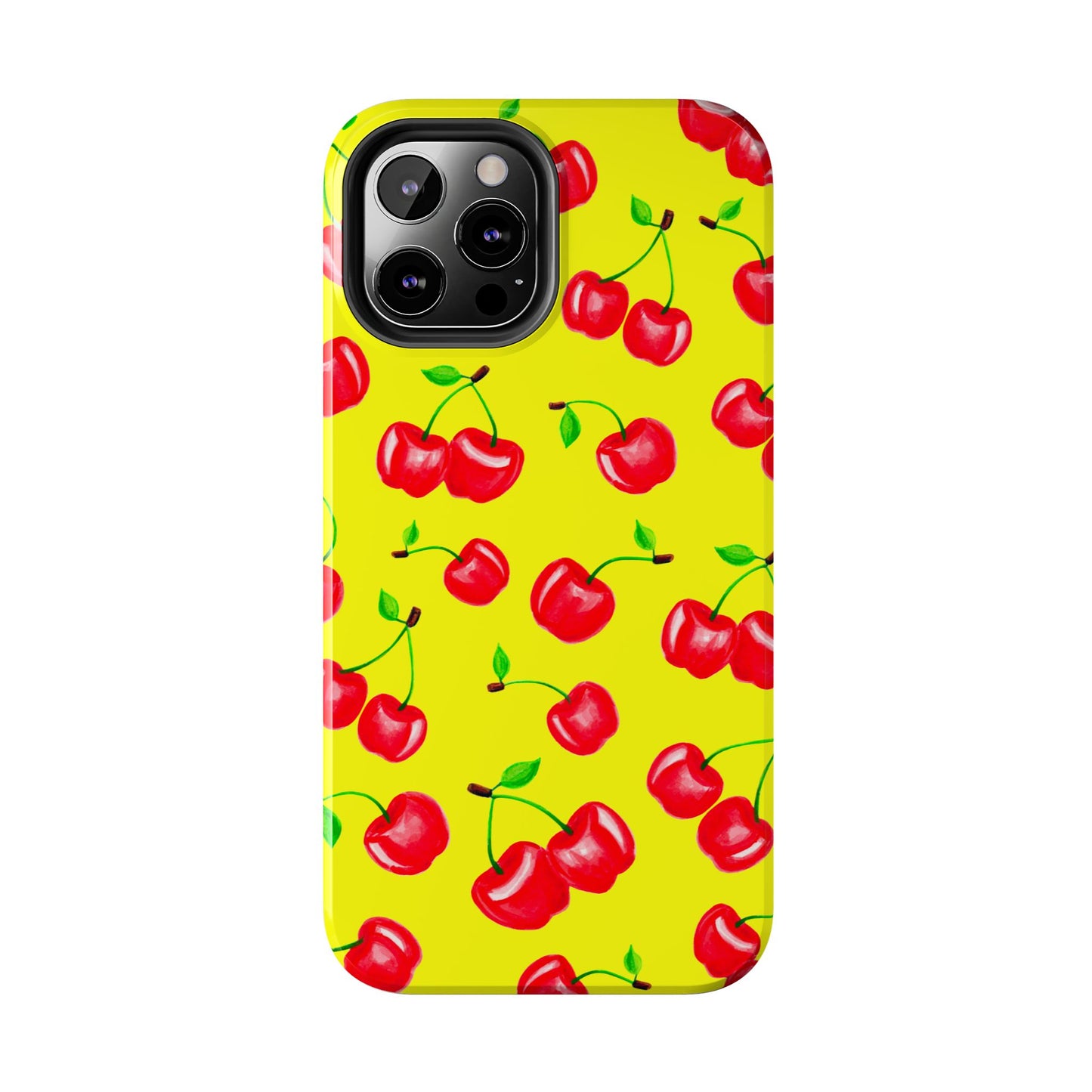Tossed Red Watercolor Cherries Illustrated Pattern Bright Yellow Tough Phone Case | Various Models