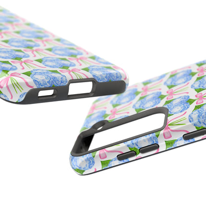 Blue Watercolor Hydrangea Bouqets with Light Pink Bows Watercolor Illustrated Patterned Tough Phone Case | Various Models