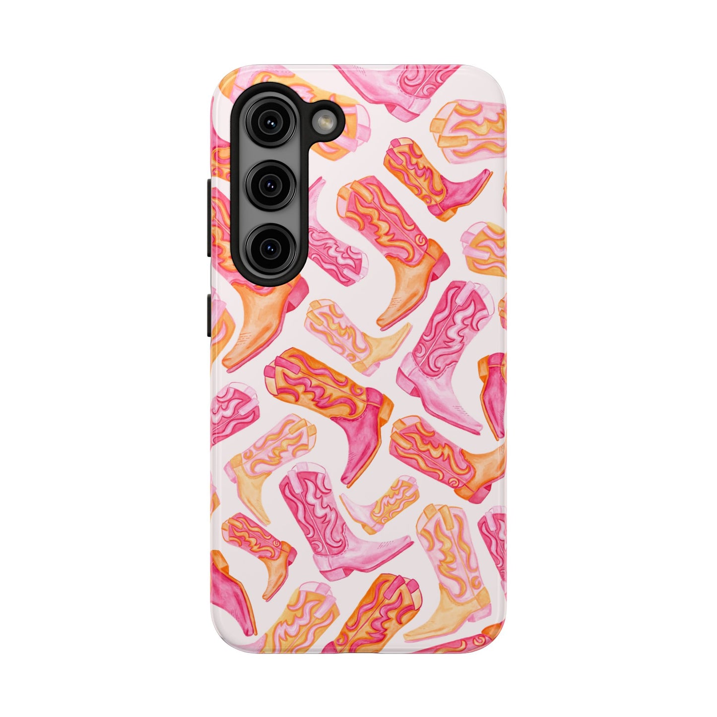 Tossed Hot Pink & Orange Watercolor Cowboy Boots Tough Light Pink Phone Case | Various Models Available Samsung Galaxy S23