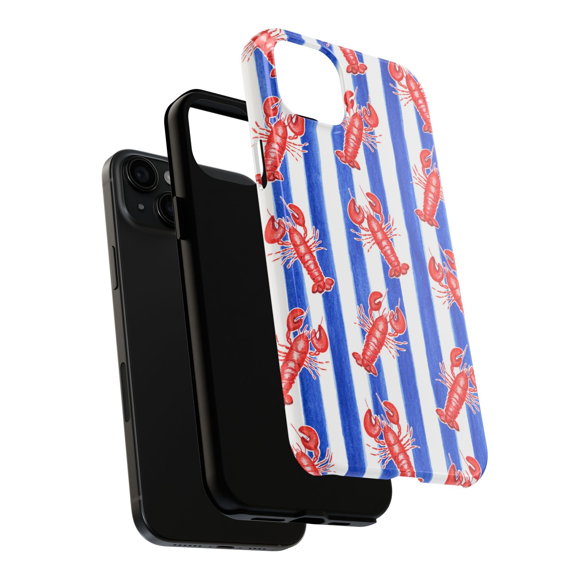 Blue & White Strip Red Lobster Watercolor Patterned Phone Case | Various Models