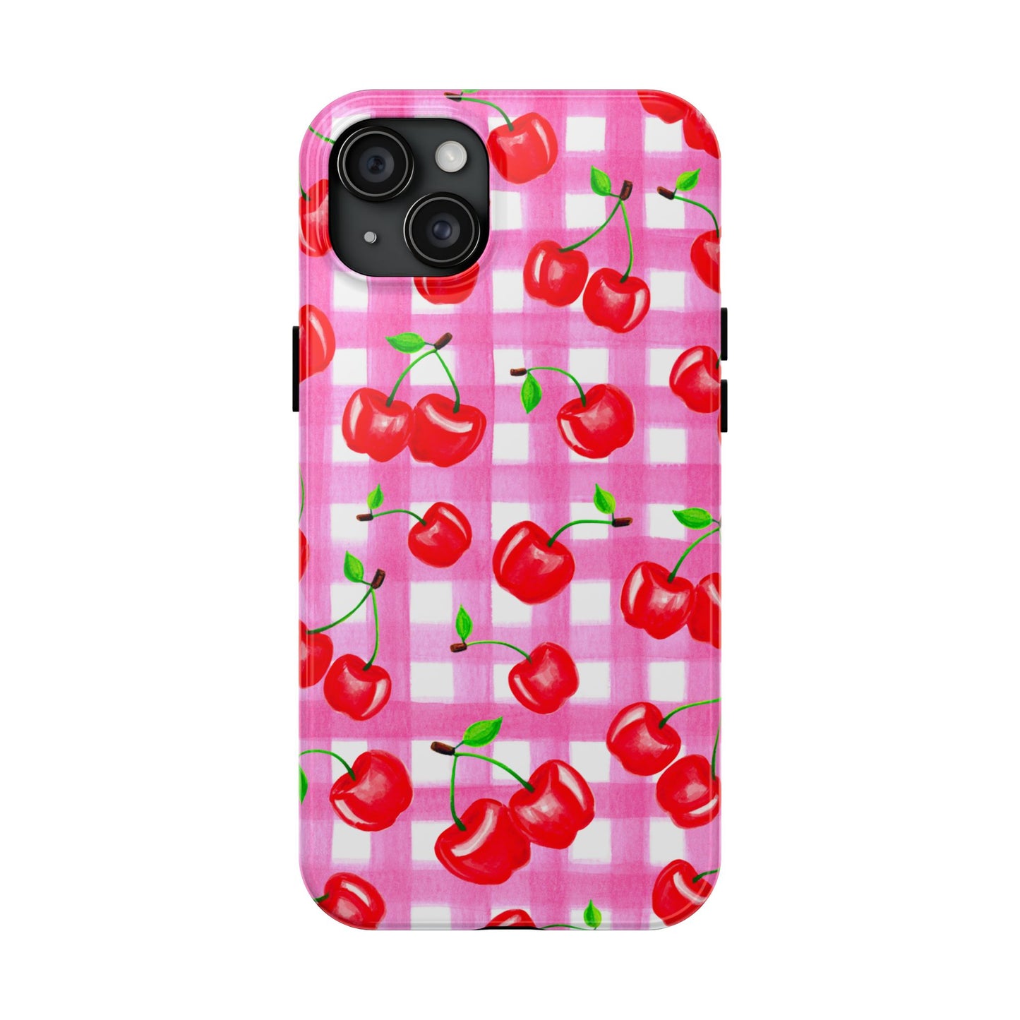 Tossed Red Watercolor Cherries Illustrated Pattern Light Pink Gingham Tough Phone Case | Various Models