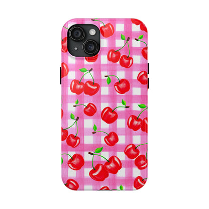 Tossed Red Watercolor Cherries Illustrated Pattern Light Pink Gingham Tough Phone Case | Various Models