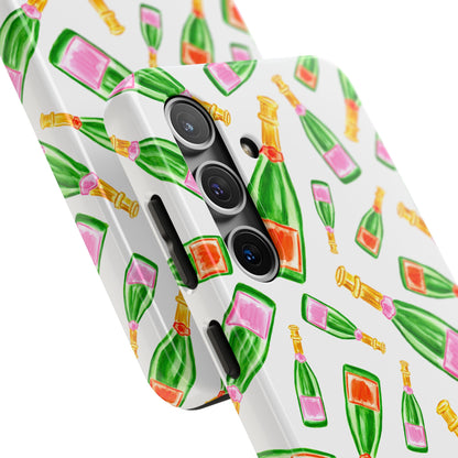 Tossed Pink and Green & Orange and Green Watercolor Illustrated Champagne Bottles Pattern Tough Phone Case | Various Models