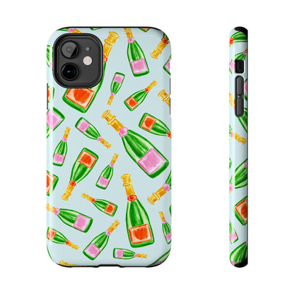 Tossed Pink and Green & Orange and Green Watercolor Illustrated Champagne Bottles Pattern Light Blue Tough Phone Case | Various Models