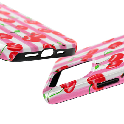 Tossed Red Watercolor Cherries Illustrated Pattern Light Pink Stripes Tough Phone Case | Various Models