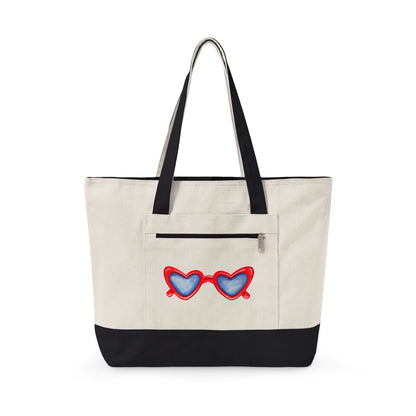 Red Heart Shaped Sunglasses Printed Zippered Canvas Tote 18" x 14" | Various Colors 18" x 14" x 4.5" Natural Black