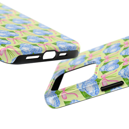 Blue Watercolor Hydrangea Bouquets with Light Pink Bows Watercolor Illustrated Patterned Yellow Tough Phone Case | Various Models