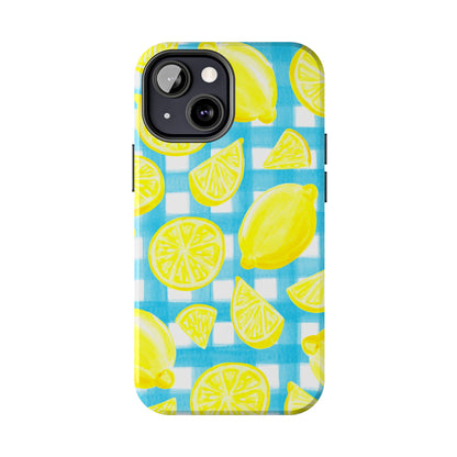 Yellow Lemons & Turquoise Gingham Watercolor Illustrated Tough Phone Case | Various Models Available