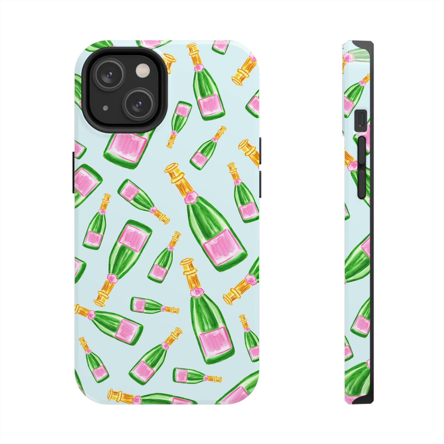 Tossed Pink and Green Watercolor Illustrated Champagne Bottles Pattern Light Blue Tough Phone Case | Various Models