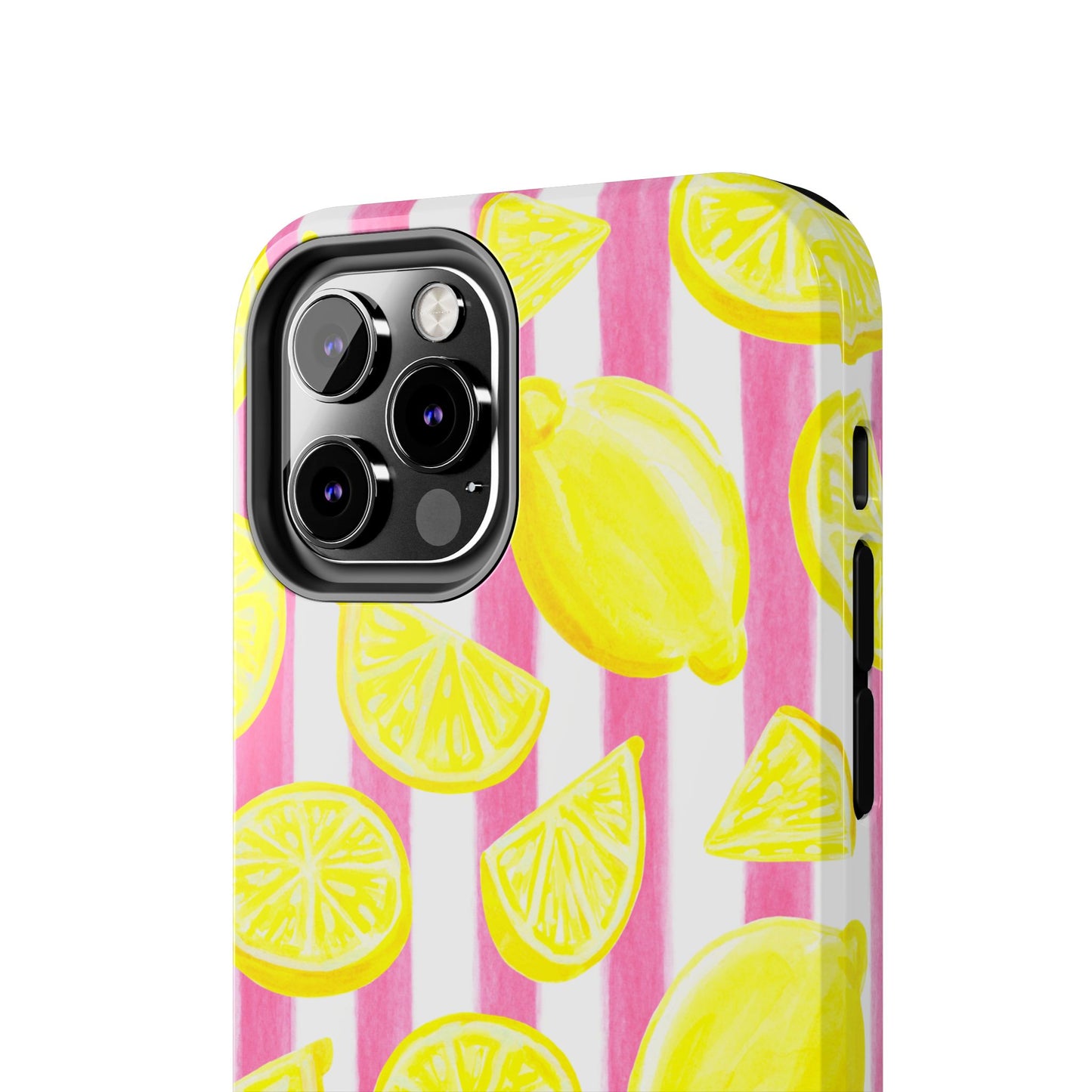 Pink Lemonade Yellow Lemons with Pink & White Watercolor Stripes Tough Phone Case