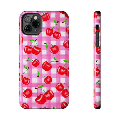 Tossed Red Watercolor Cherries Illustrated Pattern Light Pink Gingham Tough Phone Case | Various Models