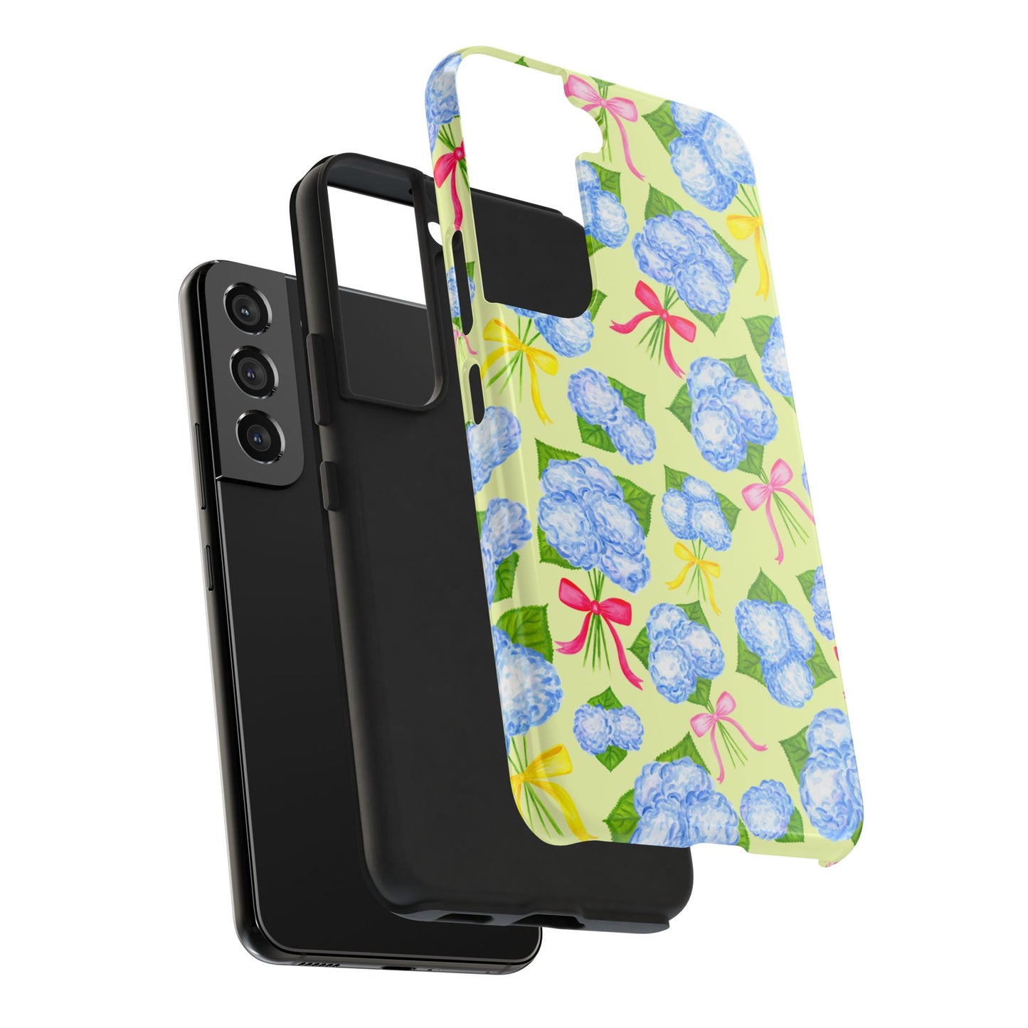 Blue Watercolor Hydrangea Bunches with Hot Pink, Yellow, Light Pink Bows Illustrated Patterned Yellow Tough Phone Case | Various Models