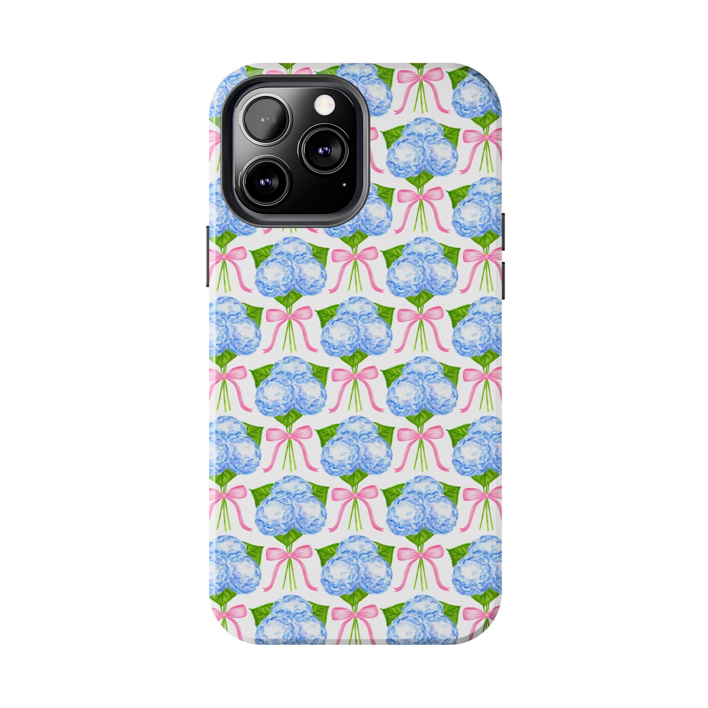 Blue Watercolor Hydrangea Bouqets with Light Pink Bows Watercolor Illustrated Patterned Tough Phone Case | Various Models