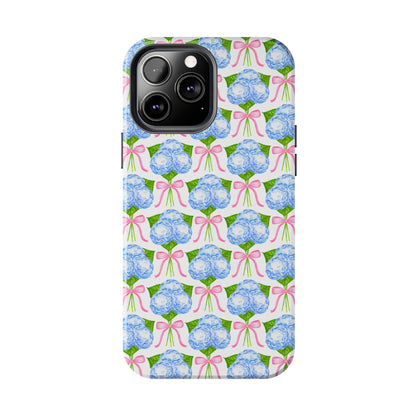 Blue Watercolor Hydrangea Bouqets with Light Pink Bows Watercolor Illustrated Patterned Tough Phone Case | Various Models