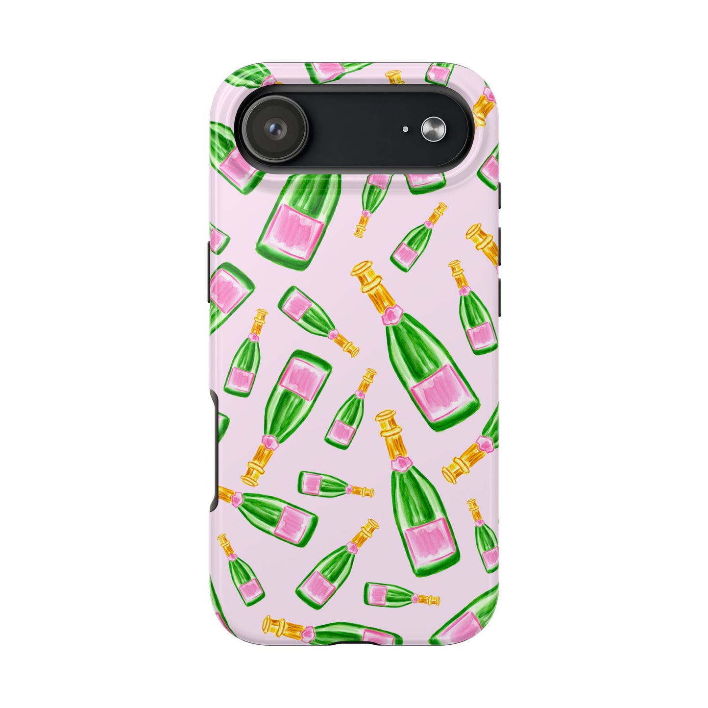 Tossed Pink and Green Watercolor Illustrated Champagne Bottles Pattern Blush Pink Tough Phone Case | Various Models