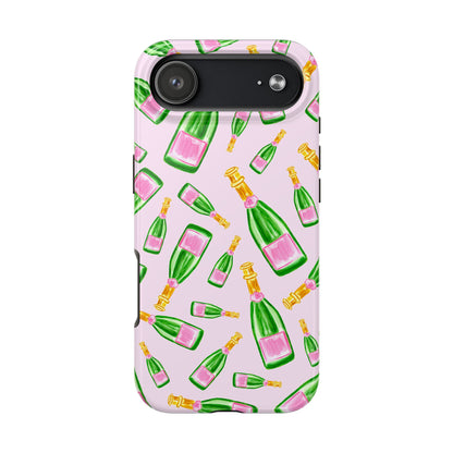 Tossed Pink and Green Watercolor Illustrated Champagne Bottles Pattern Blush Pink Tough Phone Case | Various Models
