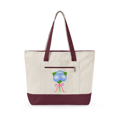 Blue Watercolor Hydrangeas with Light Pink Bow Illustration Printed Zippered Canvas Tote 18" x 14" | Various Colors