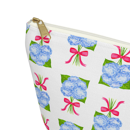 Blue Hydrangea Bouquets with Hot Pink Bows Watercolor Illustrated Printed Accessory Pouch T-Bottom | Large or Small