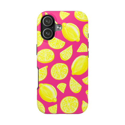 Bright Yellow Lemons Watercolor Illustrated Tossed Pattern Watermelon Pink Tough Phone Case | Various Models