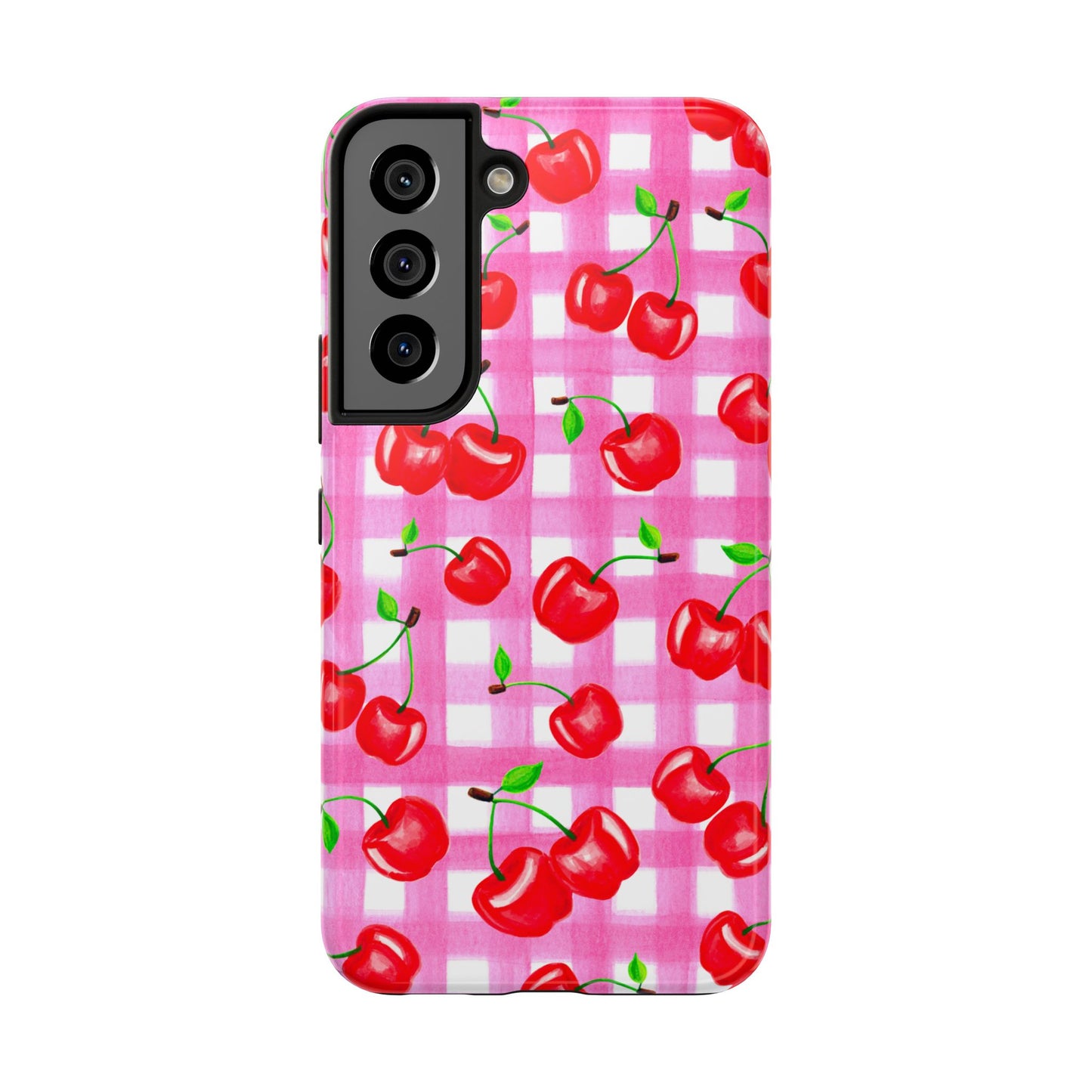 Tossed Red Watercolor Cherries Illustrated Pattern Light Pink Gingham Tough Phone Case | Various Models