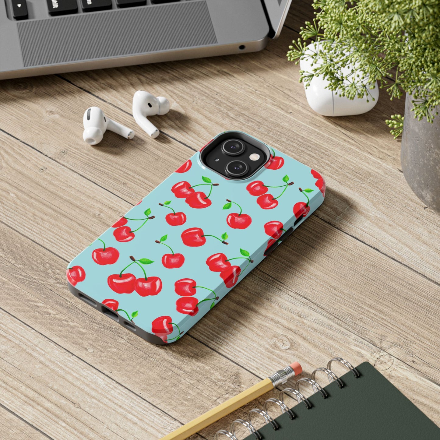 Tossed Red Watercolor Cherries Illustrated Pattern Bright Blue Tough Phone Case | Various Models