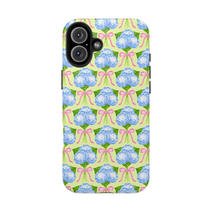 Blue Watercolor Hydrangea Bouquets with Light Pink Bows Watercolor Illustrated Patterned Yellow Tough Phone Case | Various Models