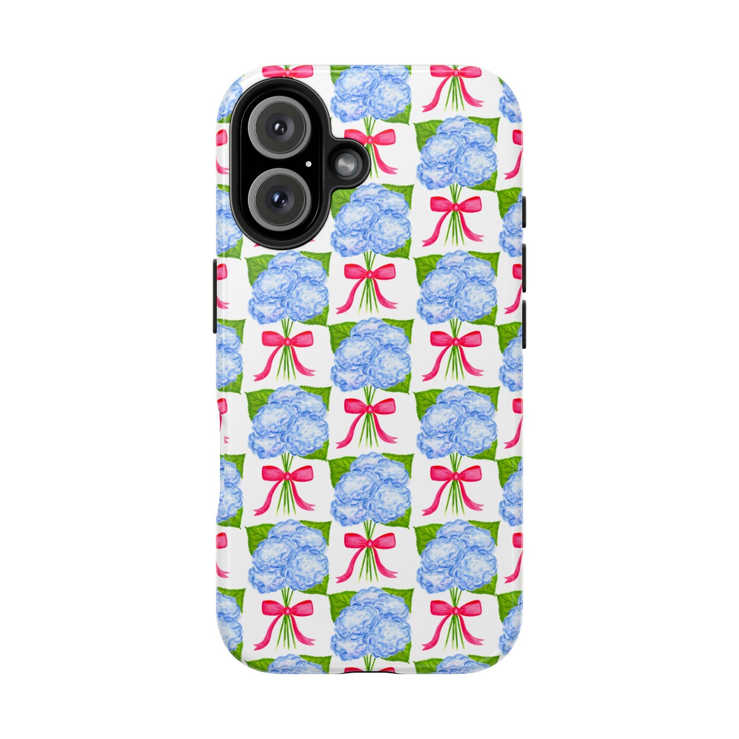 Blue Watercolor Hydrangea Bouquets with Hot Pink Bows Illustrated Patterned Tough Phone Case | Various Models