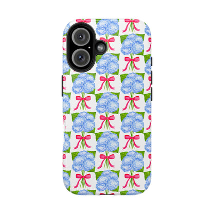Blue Watercolor Hydrangea Bouquets with Hot Pink Bows Illustrated Patterned Tough Phone Case | Various Models