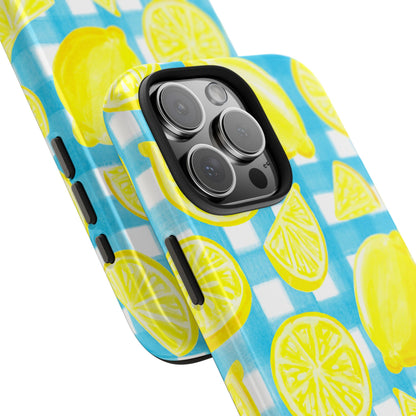 Yellow Lemons & Turquoise Gingham Watercolor Illustrated Tough Phone Case | Various Models Available