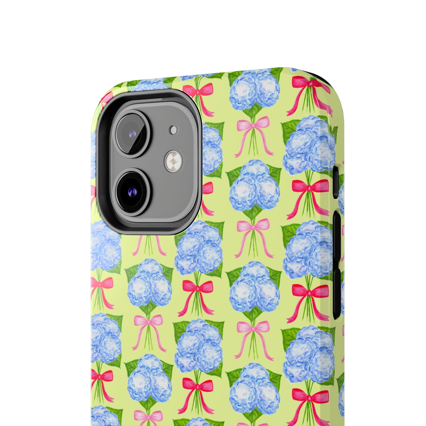 Watercolor Blue Hydrangea Bouquets with Hot Pink and Light Pink Bow Ribbons Illustrated Pattern Yellow Tough Phone Case | Various Models