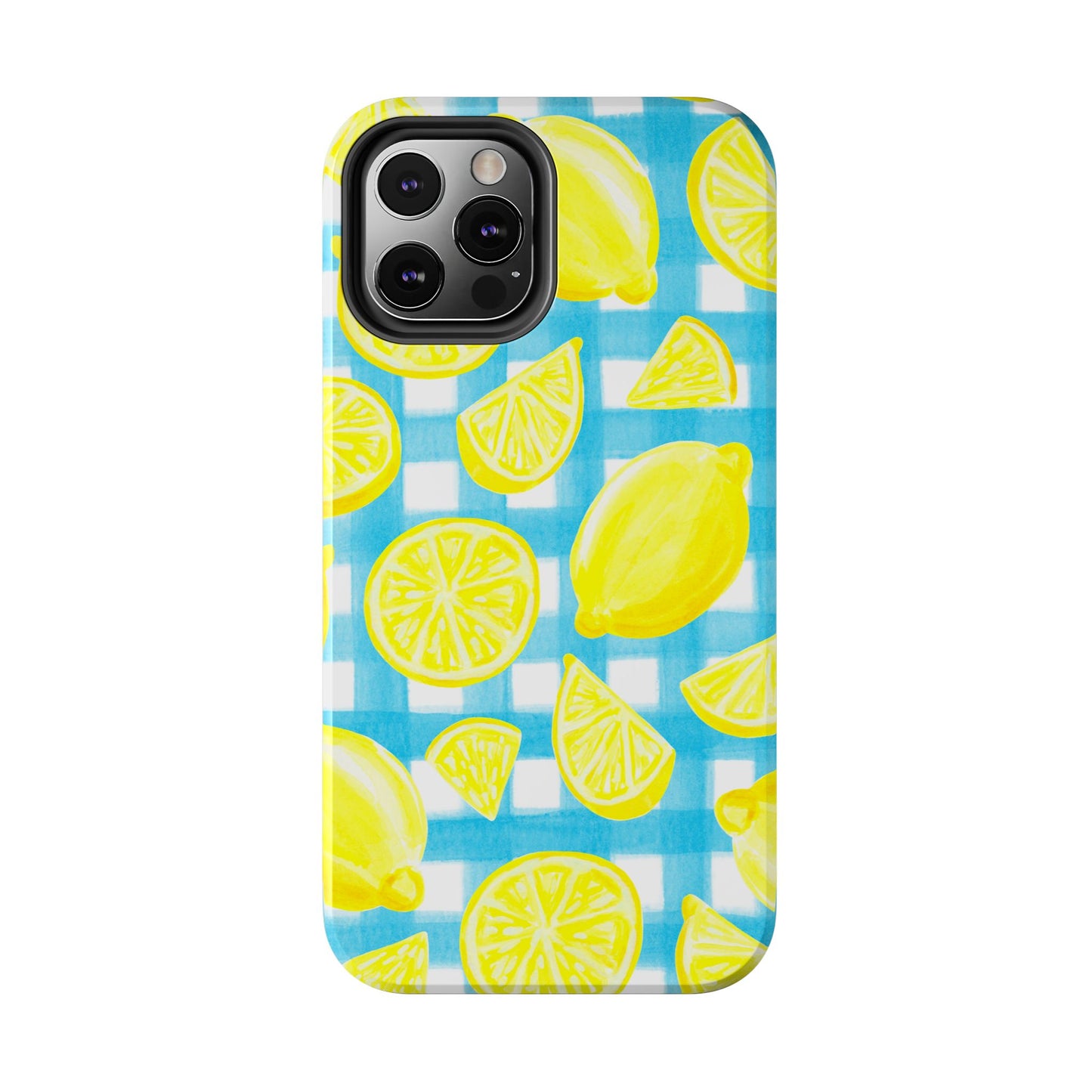 Yellow Lemons & Turquoise Gingham Watercolor Illustrated Tough Phone Case | Various Models Available