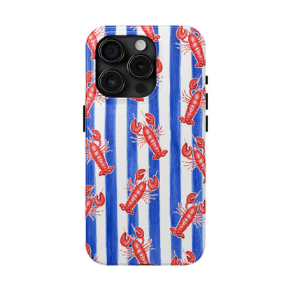Blue & White Strip Red Lobster Watercolor Patterned Phone Case | Various Models iPhone 15 Pro