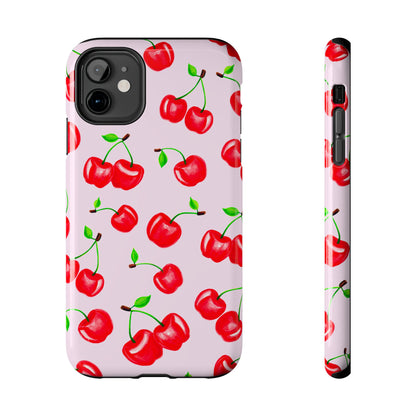 Tossed Red Watercolor Cherries Illustrated Pattern Light Pink Tough Phone Case | Various Models
