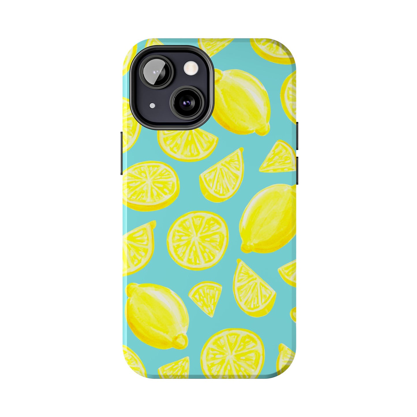 Bright Yellow Lemons Watercolor Illustrated Tossed Pattern Turquoise Blue Tough Phone Case | Various Models