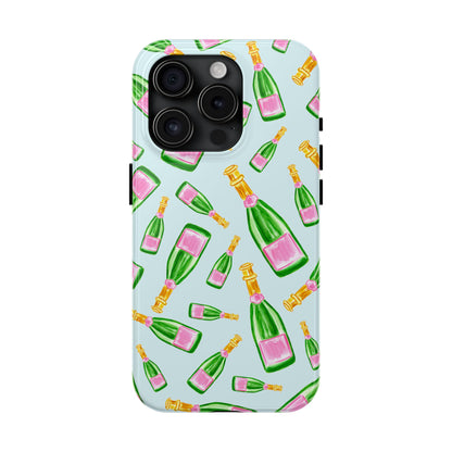 Tossed Pink and Green Watercolor Illustrated Champagne Bottles Pattern Light Blue Tough Phone Case | Various Models
