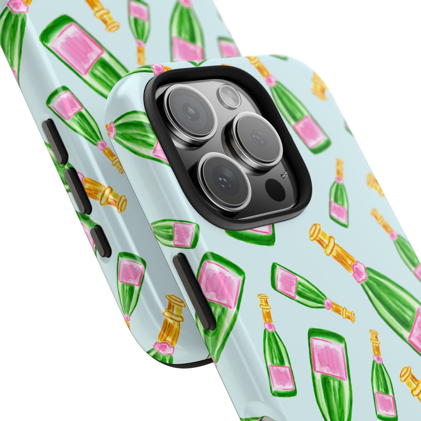 Tossed Pink and Green Watercolor Illustrated Champagne Bottles Pattern Light Blue Tough Phone Case | Various Models