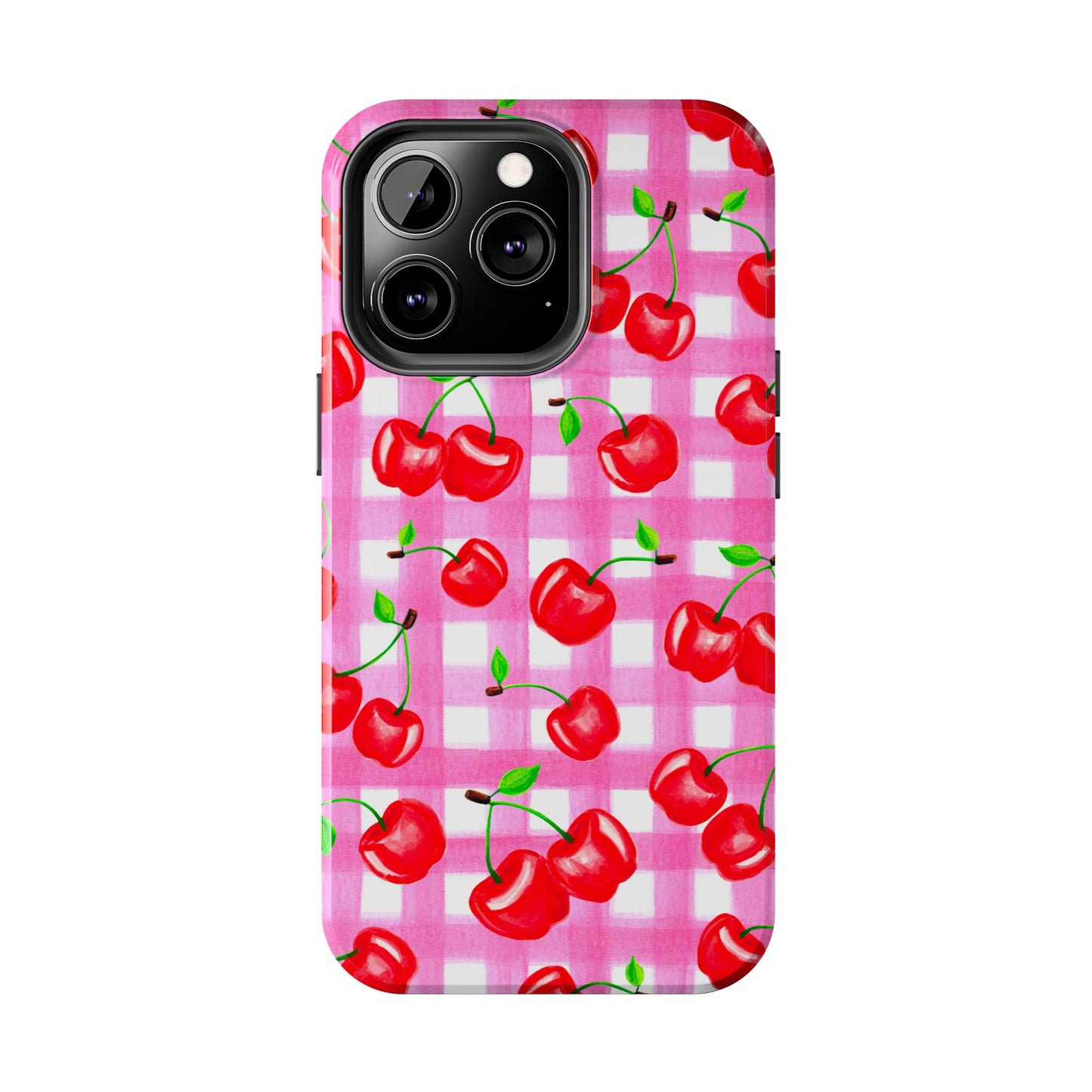 Tossed Red Watercolor Cherries Illustrated Pattern Light Pink Gingham Tough Phone Case | Various Models