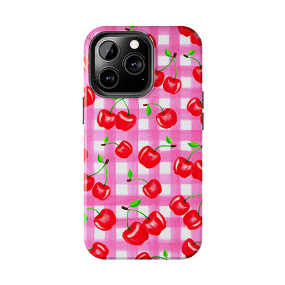 Tossed Red Watercolor Cherries Illustrated Pattern Light Pink Gingham Tough Phone Case | Various Models