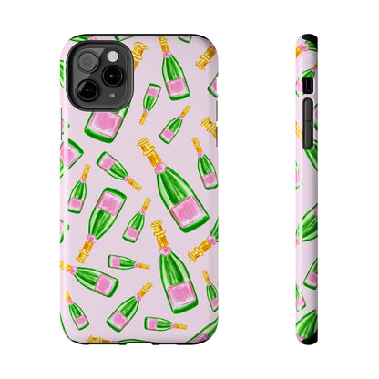 Tossed Pink and Green Watercolor Illustrated Champagne Bottles Pattern Blush Pink Tough Phone Case | Various Models