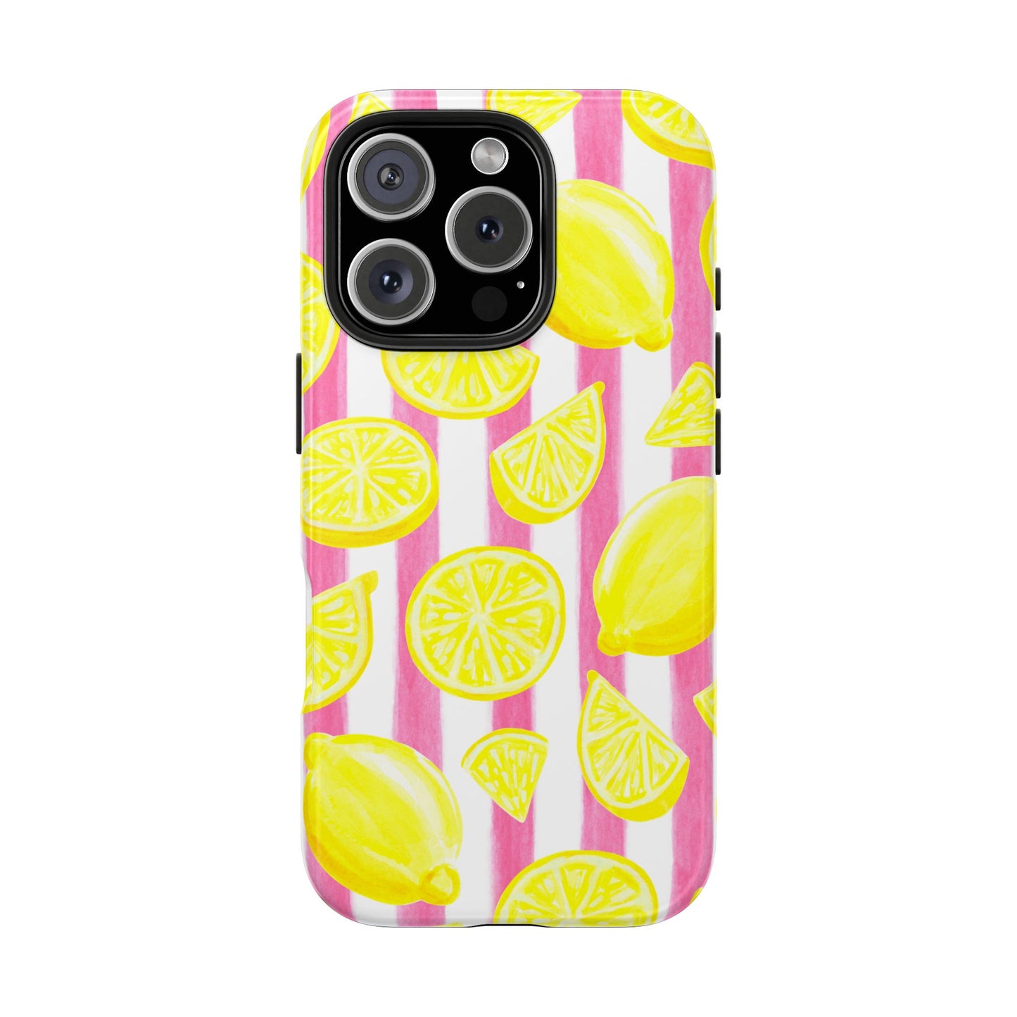 Pink Lemonade Yellow Lemons with Pink & White Watercolor Stripes Tough Phone Case