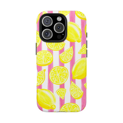 Pink Lemonade Yellow Lemons with Pink & White Watercolor Stripes Tough Phone Case