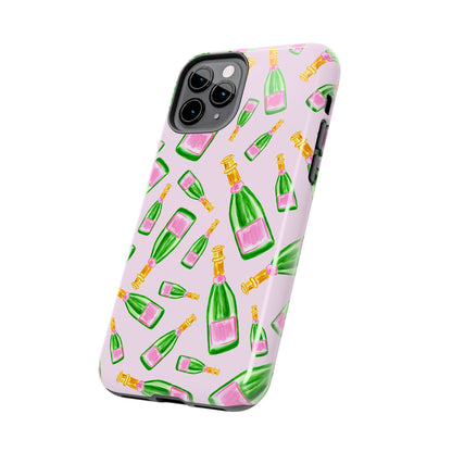 Tossed Pink and Green Watercolor Illustrated Champagne Bottles Pattern Blush Pink Tough Phone Case | Various Models