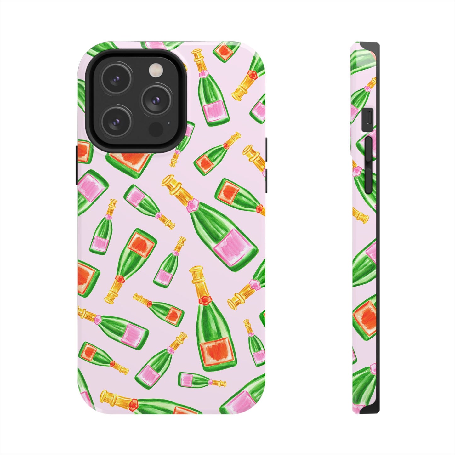 Tossed Pink and Green & Orange and Green Watercolor Illustrated Champagne Bottles Pattern Blush Pink Tough Phone Case | Various Models