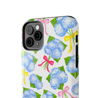Blue Watercolor Hydrangea Bunches with Hot Pink, Yellow, Light Pink Bows Illustrated Patterned Tough Phone Case | Various Models