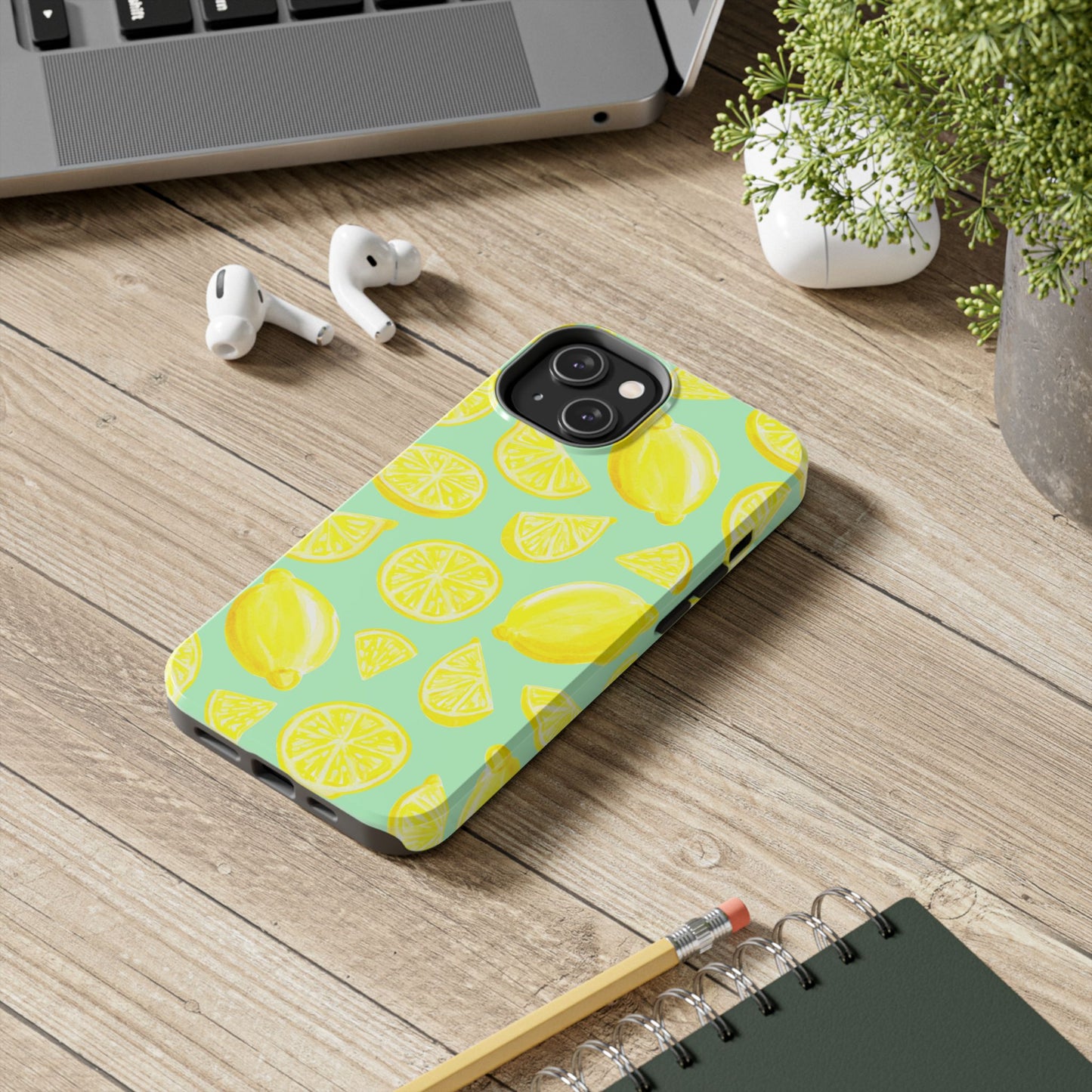 Bright Yellow Lemons Watercolor Illustrated Tossed Pattern Mint Green Tough Phone Case | Various Models