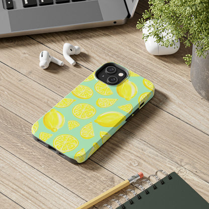 Bright Yellow Lemons Watercolor Illustrated Tossed Pattern Mint Green Tough Phone Case | Various Models