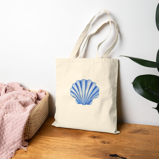 Tote Bag | Blue Watercolor Illustrated Sea Shell Natural 15" x 16"