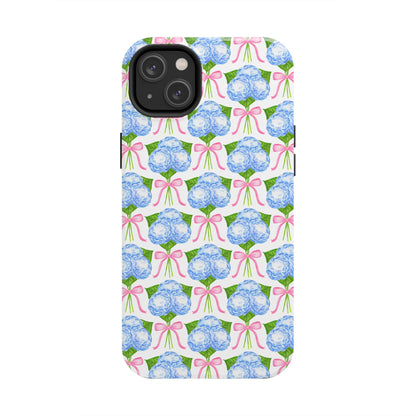 Blue Watercolor Hydrangea Bouqets with Light Pink Bows Watercolor Illustrated Patterned Tough Phone Case | Various Models